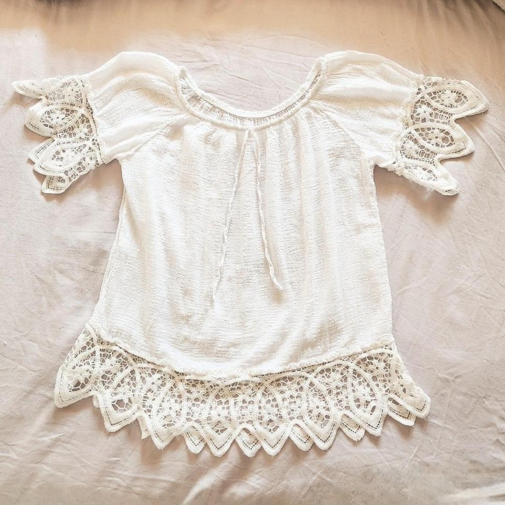 Italian Off The Shoulder Cotton Mix Top White Crochet Trim Festival Boho Summer